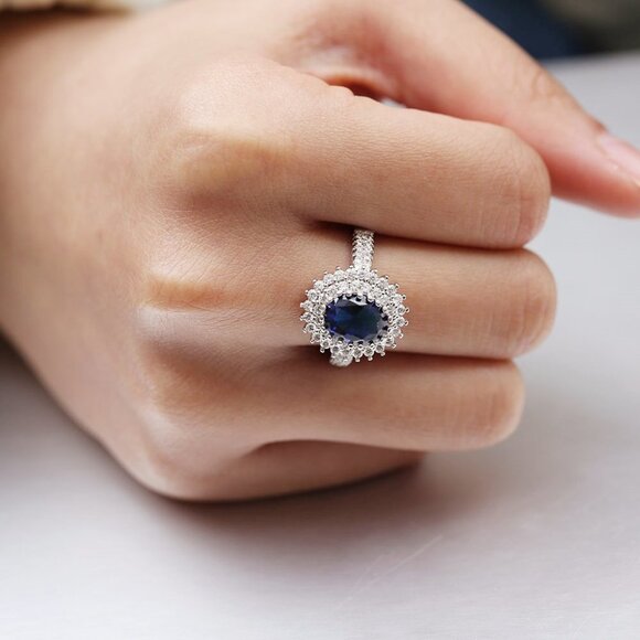 Elegant Blue 925 Silver Plated Oval Sun Flower Royal Ring for Women, V… - Picture 7 of 8